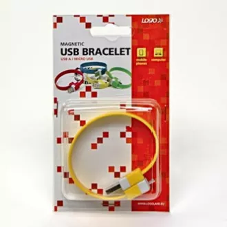 Logo USB kábel (2.0), USB A samec - microUSB samec, 0.25m, žltý, blister, náramok, DOPRADE