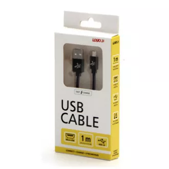 Logo USB kábel (2.0), USB A samec - microUSB samec, 1m, 480 Mb/s, 5V/2A, černý, box, nylonové opletenie, hliníkový kryt konektora