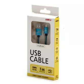 Logo USB kábel (2.0), USB A samec - microUSB samec, 1m, 480 Mb/s, 5V/2A, modrý, box, nylonové opletenie, hliníkový kryt konektora Logo USB kábel (2.0), USB A samec - microUSB samec, 1m, 480 Mb/s, 5V/2A, modrý, box, nylonové opletenie, hliníkový kryt konektora