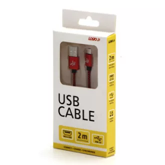 Logo USB kábel (2.0), USB A samec - microUSB samec, 1m, 480 Mb/s, 5V/2A, červený, box, nylonové opletenie, hliníkový kryt konektor