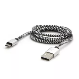 Logo USB kábel (2.0), USB A samec - microUSB samec, 1m, 480 Mb/s, 5V/2A, striebra, box, nylonové opletenie, hliníkový kryt konek