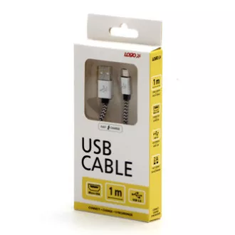 Logo USB kábel (2.0), USB A samec - microUSB samec, 1m, 480 Mb/s, 5V/2A, striebra, box, nylonové opletenie, hliníkový kryt konek