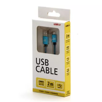 Logo USB kábel (2.0), USB A samec - microUSB samec, 2m, 480 Mb/s, 5V/1A, modrý, box, nylonové opletenie, hliníkový kryt konektora