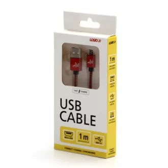 Logo USB kábel (2.0), USB A samec - microUSB samec, 2m, 480 Mb/s, 5V/1A, červený, box, nylonové opletenie, hliníkový kryt konektor