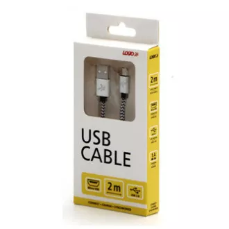Logo USB kábel (2.0), USB A samec - microUSB samec, 2m, 480 Mb/s, 5V/1A, striebra, box, nylonové opletenie, hliníkový kryt konek