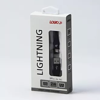 Logo USB kábel (2.0), USB A samec - Apple Lightning samec, 2m, MFi certifikácia, 5V/2,4A, černý, box, nylonové opletenie, hliníko