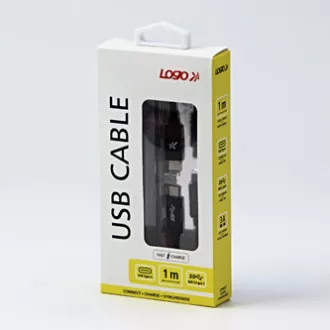 Logo USB kábel (3.2 gen 1), USB C samec - USB C samec, 1m, 5 Gb/s, 5V/3A, černý, box, nylonové opletenie, hliníkový kryt konektor