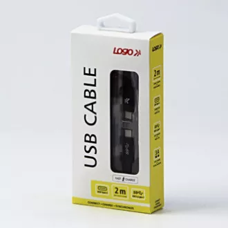 Logo USB kábel (3.2 gen 1), USB C samec - USB C samec, 2m, 5 Gb/s, 5V/3A, černý, box, nylonové opletenie, hliníkový kryt konektor