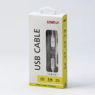 Logo USB kábel (3.2 gen 1), USB C samec - USB C samec, 2m, 5 Gb/s, 5V/3A, biely, box, nylonové opletenie, hliníkový kryt konektora