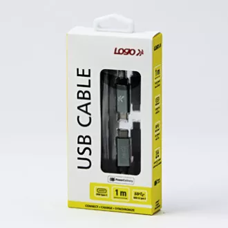 Logo USB kábel (3.2 gen 2), USB C samec - USB C samec, 1m, Power Delivery 100W, 10 Gb/s, 20V/5A, striebra, box, nylonové opleten