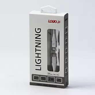 Logo USB kábel (2.0), USB C samec - Apple Lightning samec, 2m, MFi certifikácia, 5V/3A, biely, box, nylonové opletenie, hliníkový