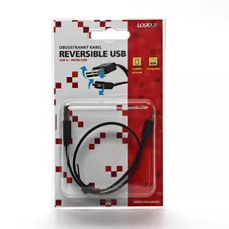 USB kábel (2.0), USB A samec reversible - microUSB samec reversible, 0.3m, plochý, černý, oboustranný, DOPRADEJ