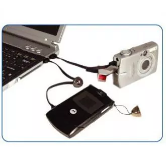 Logo USB kábel (2.0), USB A samec - miniUSB samec, 0.3m, čierny, poutko na fotoaparát, DOPRADE