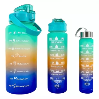 Motivačná športová fľaša 3v1, 2000 ml + 900 ml + 300 ml