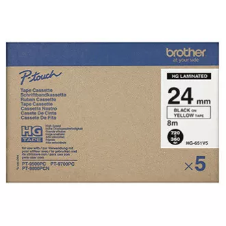 Brother originál páska do tlačiarne štítkov, Brother, HGE-651, černý tlač / žltý podklad, 8m, 24mm, 5 ks v balení, cena za balenie