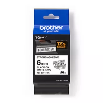 Brother originál páska do tlačiarne štítkov, Brother, TZE-S211, černý tlač/biely podklad, laminovaná, 8m, 6mm, extrémne adhezívna