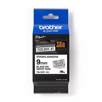 Brother originál páska do tlačiarne štítkov, Brother, TZE-S221, černý tlač/biely podklad, laminovaná, 8m, 9mm, extrémne adhezívna