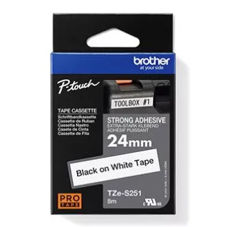 Brother originál páska do tlačiarne štítkov, Brother, TZE-S251, černý tlač/biely podklad, laminovaná, 8m, 24mm, extrémne adhezívn