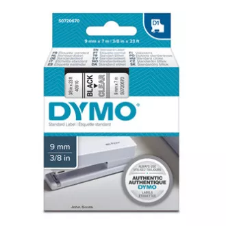 Dymo originál páska do tlačiarne štítkov, Dymo, 40910, S0720670, černý tlač/transparentný podklad, 7m, 9mm, D1 Dymo originál páska do tlačiarne štítkov, Dymo, 40910, S0720670, černý tlač/transparentný podklad, 7m, 9mm, D1