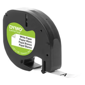 Dymo originál páska do tlačiarne štítkov, Dymo, 59421, S0721510, černý tlač/biely podklad, 4m, 12mm, LetraTag papierová páska