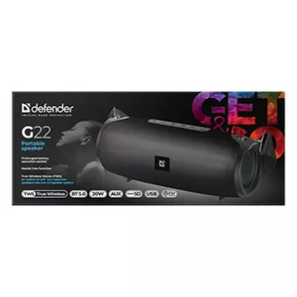 Defender reproduktor G22, Li-Ion, 2.0, 20W, černý, regulácia hlasitosti, BT 5.0, TWS, bočné pasívne záriče, 40Hz~20kHz