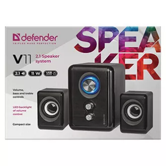Defender reproduktory V11, 2.1, 11W, čierne, regulácia hlasitosti, tlačidlo napájania, nastavenie basov a výšok, 40Hz~18kHz