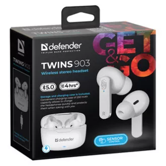 Defender Twins 903, slúchadlá s mikrofónom, bezdrôtová biela, špuntová, BT 5.0, TWS, nabíjacie puzdro typ bluetooth, DOPREDAJ Defender Twins 903, slúchadlá s mikrofónom, bezdrôtová biela, špuntová, BT 5.0, TWS, nabíjacie puzdro typ bluetooth, DOPREDAJ