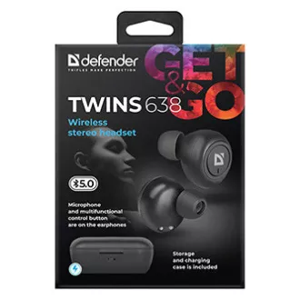 Defender Twins 638 slúchadlá s mikrofónom, bezdrôtové, čierna, špuntová, BT 5.0, TWS, nabíjacie púzdro typ bluetooth, DOPREDAJ