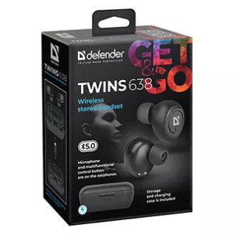 Defender Twins 638 slúchadlá s mikrofónom, bezdrôtové, čierna, špuntová, BT 5.0, TWS, nabíjacie púzdro typ bluetooth, DOPREDAJ