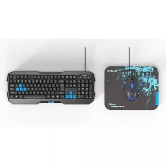 E-blue Polygon sada klávesnica káblová (USB) US, černo-modrá s myškou Cobra II, herná, a podložkou Mazer Marface S typ, DOPRODEJ