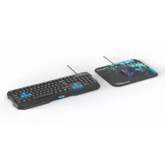E-blue Polygon sada klávesnica káblová (USB) US, černo-modrá s myškou Cobra II, herná, a podložkou Mazer Marface S typ, DOPRODEJ