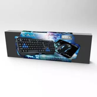 E-blue Polygon sada klávesnica káblová (USB) US, černo-modrá s myškou Cobra II, herná, a podložkou Mazer Marface S typ, DOPRODEJ