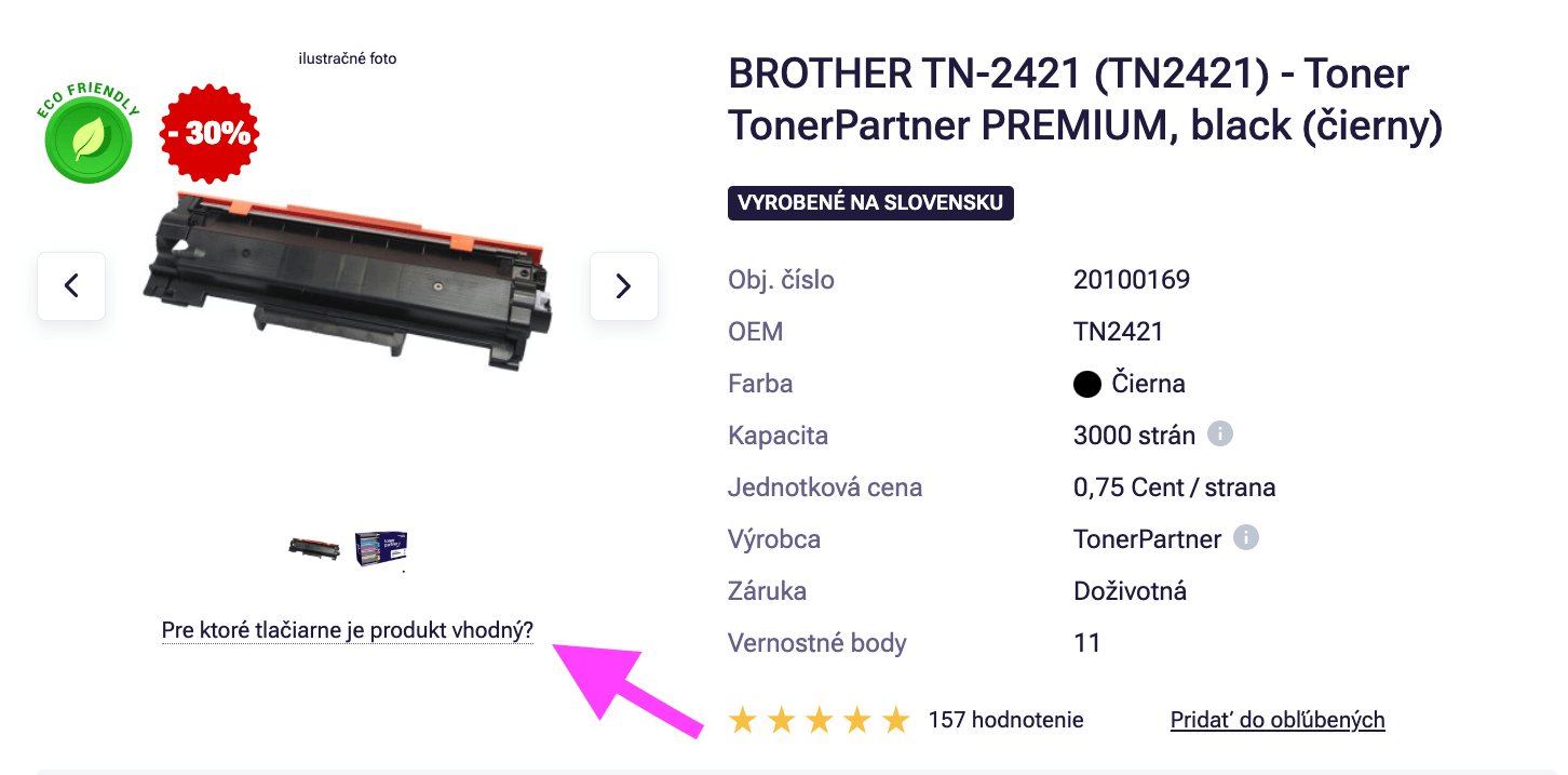 Screenshot detailu náplne z webu TonerPartner.cz so šípkou ukazujúcou na informácie o kompatibilite danej náplne.
