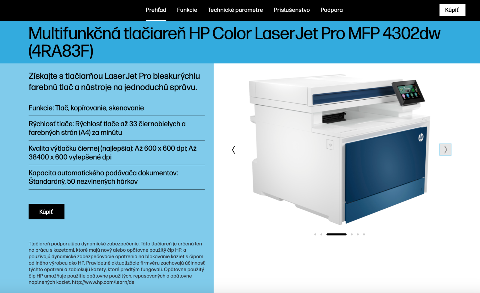 Screenshot produktové stránky tiskárny HP Color LaserJet Pro MFP 4302dw s vyfiltrovanou frází “dynamické zabezpečení"