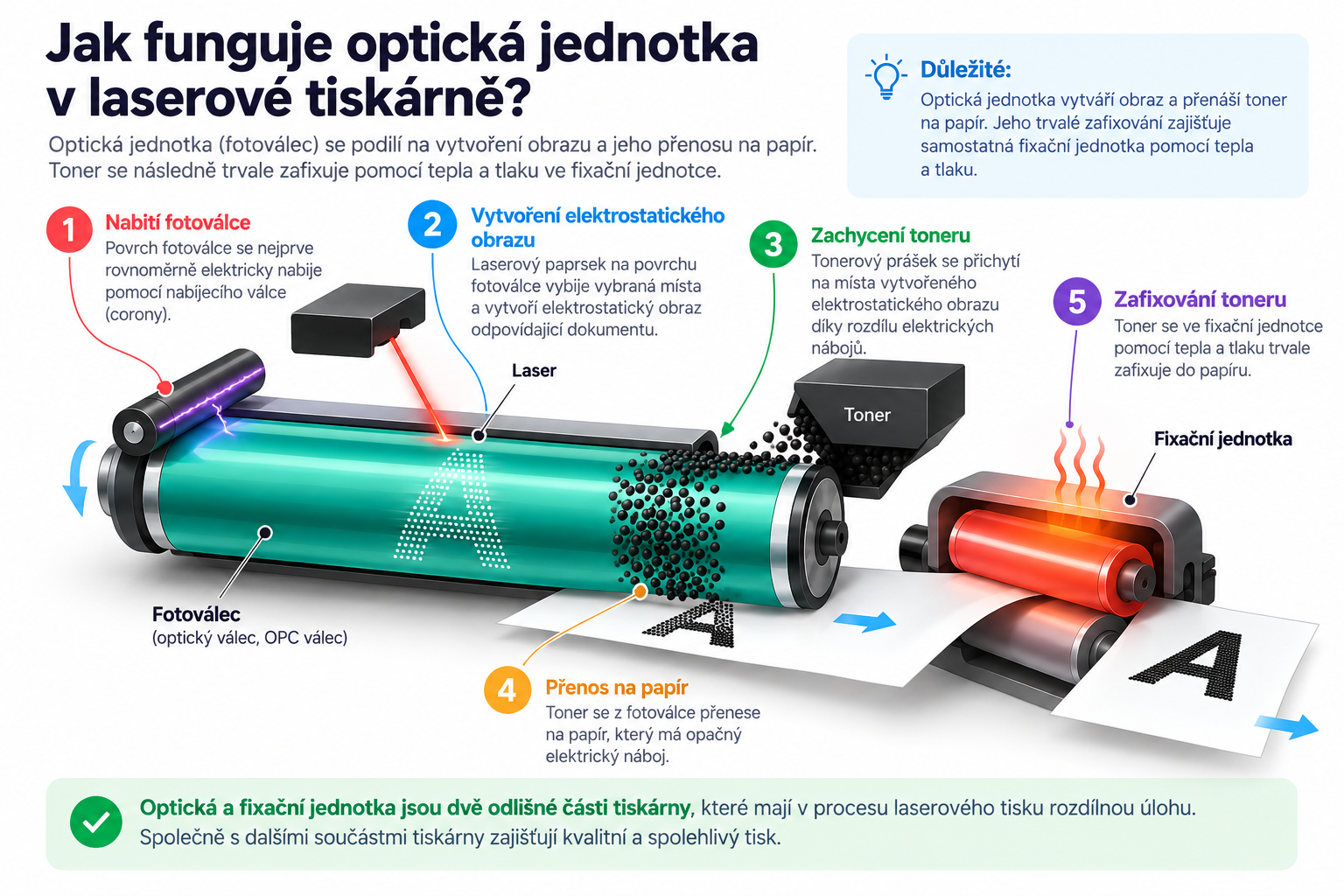 Schéma fungovania optickej jednotky v laserovej tlačiarni.