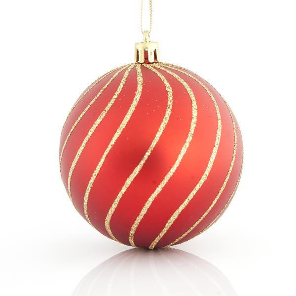 Eurolamp Vianočné ozdoby plastové červené gule so zlatými líniami, 8 cm, set 6 ks