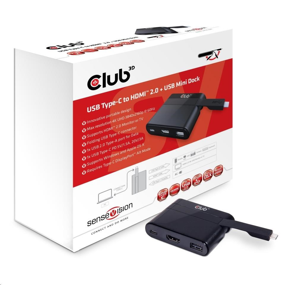 Club3D mini dokovacia stanica USB 3.0 typ C na (HDMI™ 2.0 4K60Hz UHD/USB 2.0/USB-C), nabíjacia