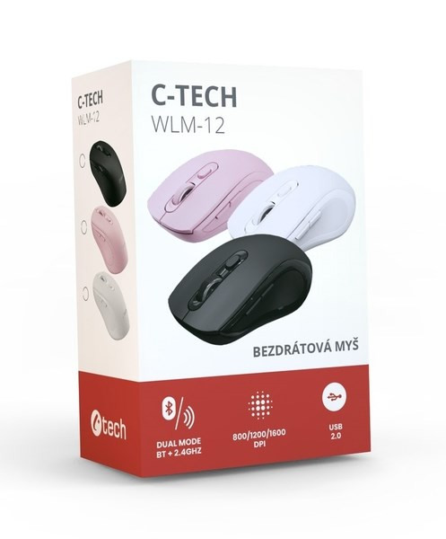 C-TECH myš Dual mode, bezdrôtová, 1600DPI, 6 tlačidiel, ružová, USB nano receiver