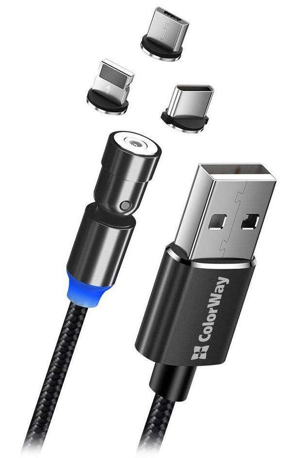 Colorway Nabíjací Kábel 3v1 Lightning+MicroUSB+USB-C/ Magnetic/ 2.4A/ Nylon/ Magnetic Rotation 540°/ 1m
