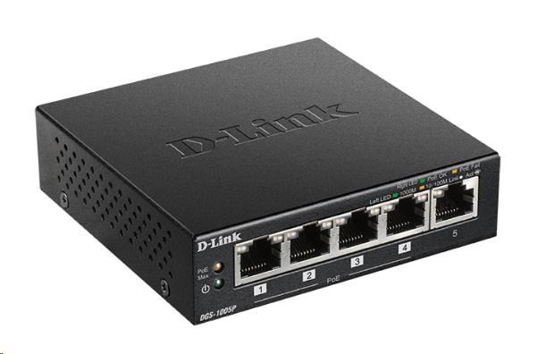 D-Link DGS-1005P 5-port Gigabit Desktop PoE+ Switch, 4 porty sú PoE+, PoE budget 60W