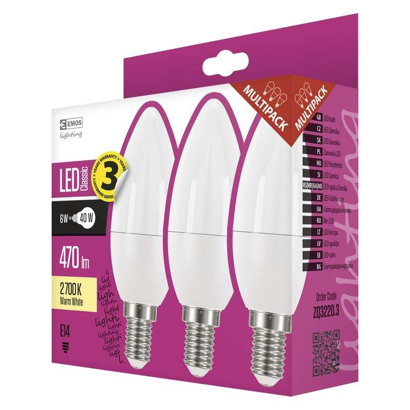 Emos LED žiarovka CANDLE, 6W/40W E14, WW teplá biela, 470 lm, Classic, F, 3 PACK