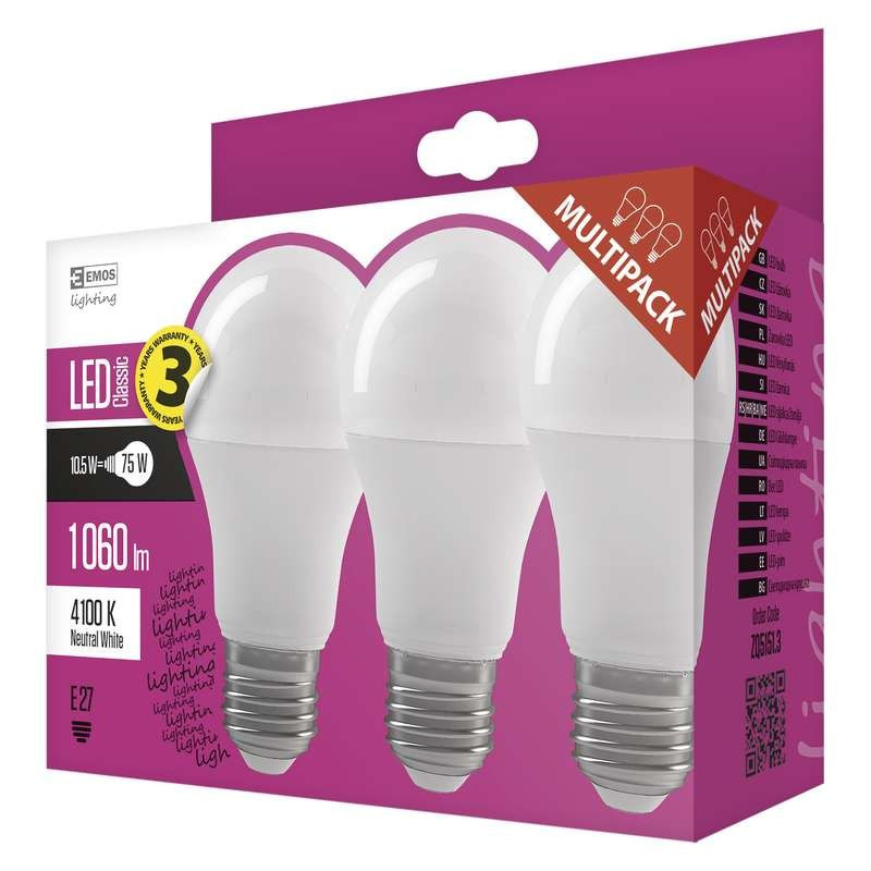 Emos LED žiarovka Classic A60, 10,5 W/75 W E27, NW neutrálna biela, 1060 lm, Classic, F, 3 PACK
