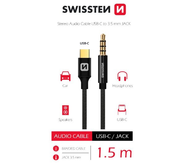 SWISSTEN AUDIO ADAPTÉR TEXTILE USB-C (samec)/3,5 mm JACK (samec) 1,5 M ČIERNY