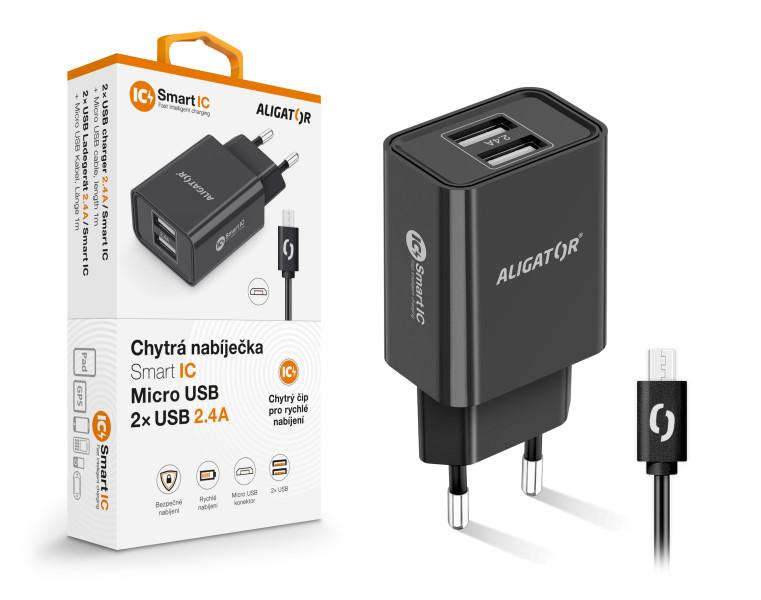 Fotografia produktu: Múdra sieťová nabíjačka ALIGATOR 2,4 A, 2xUSB, smart IC, čierna, micro USB kábel