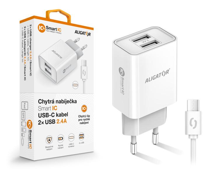 Fotografia produktu: Múdra sieťová nabíjačka ALIGATOR 2,4A, 2xUSB, smart IC, biela, USB-C kábel
