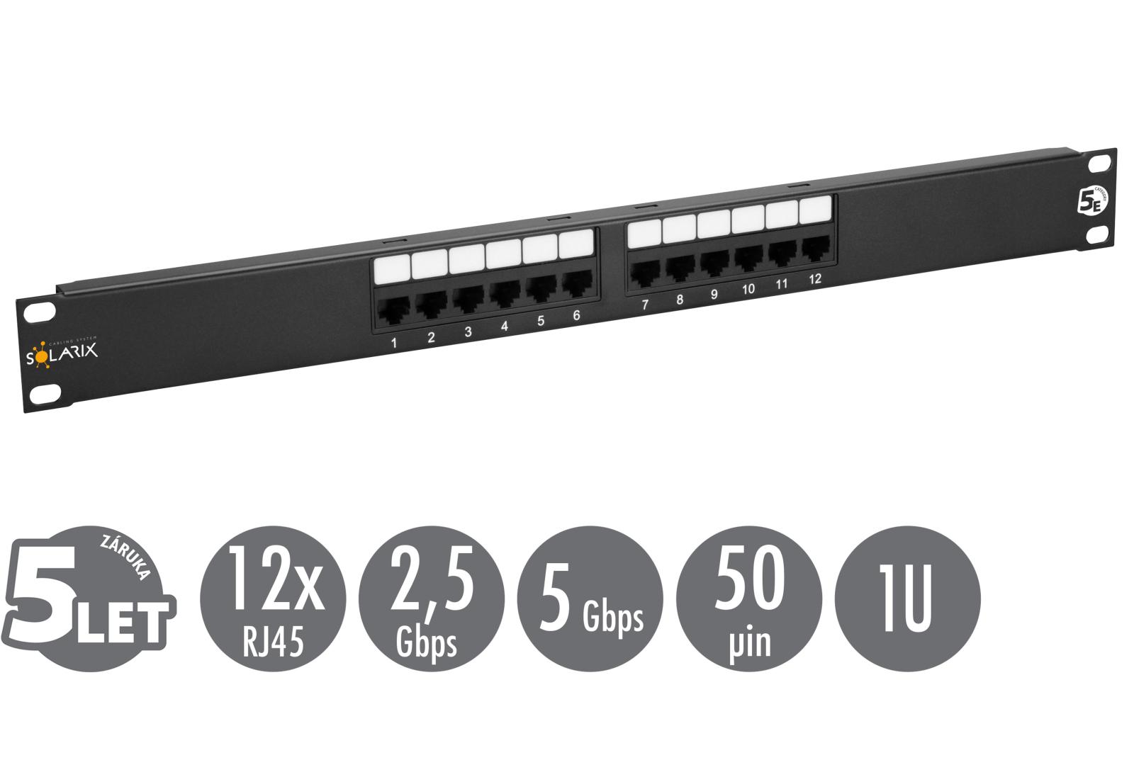 Fotografia produktu: 19" patch panel Solarix 12 x RJ45 CAT5E UTP 150 MHz čierny 1U SX12-5E-UTP-BK