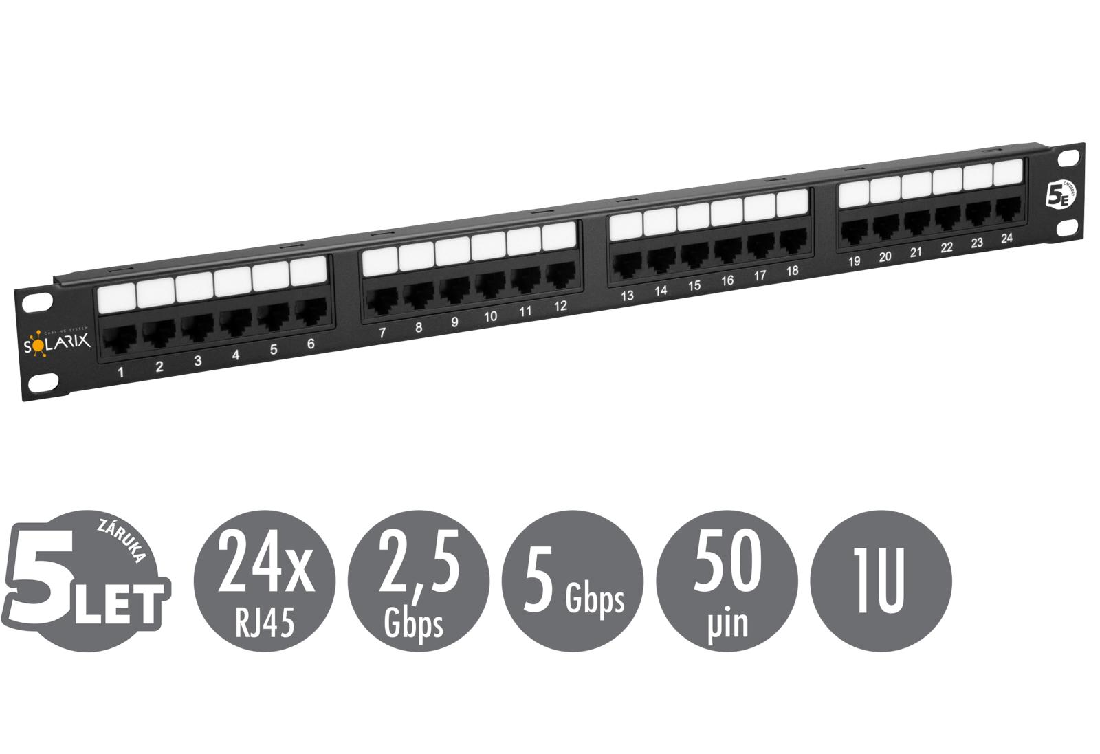Fotografia produktu: 19" patch panel Solarix 24 x RJ45 CAT5E UTP 150 MHz čierny 1U SX24-5E-UTP-BK