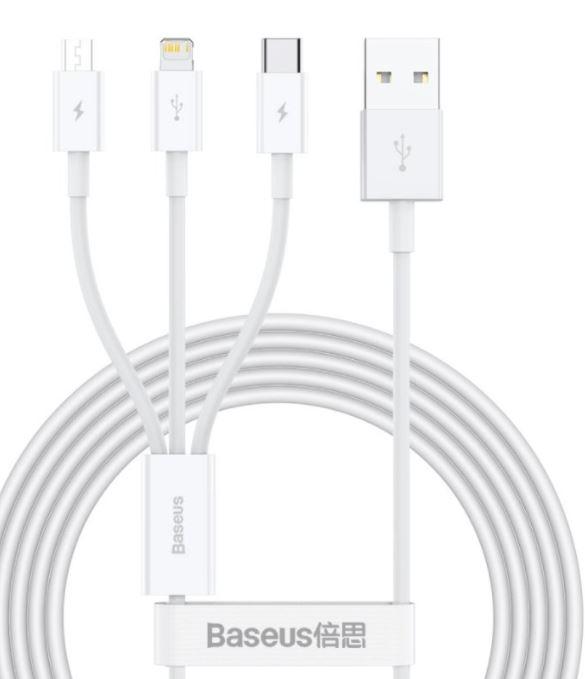 Fotografia produktu: Baseus CAMLTYS-02 Superior Fast Charging Dátový Kábel 3v1 USB-C, Lightning, MicroUSB 1.5m White