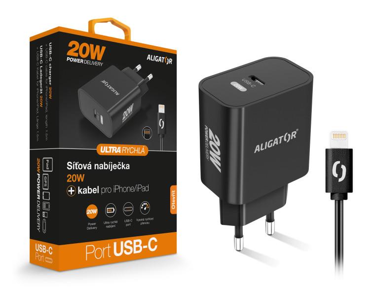 Fotografia produktu: Múdra sieťová nabíjačka ALIGATOR Power Delivery 20W, USB-C kábel pre iPhone / iPad, čierna