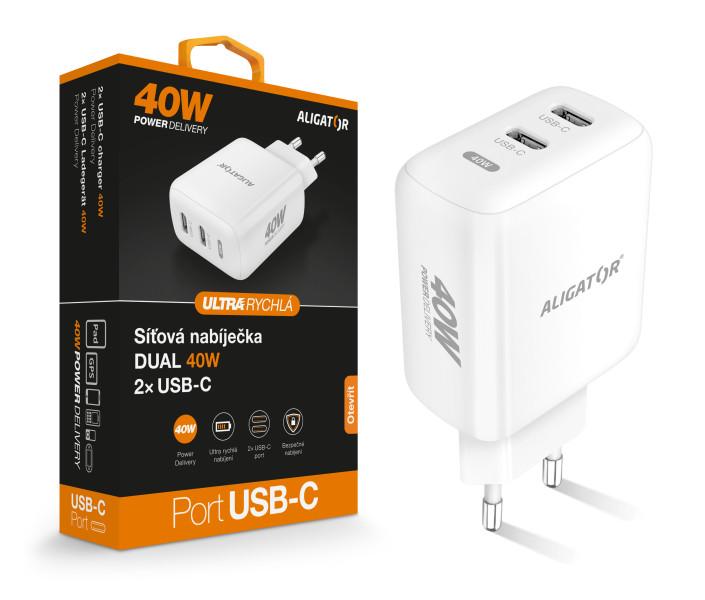 Fotografia produktu: Múdra sieťová nabíjačka ALIGATOR Power Delivery 40W, 2xUSB-C, biela